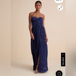 Lulu's Strapless Navy Blue Gown - Oswin Navy Satin Plisse Strapless Maxi Dress